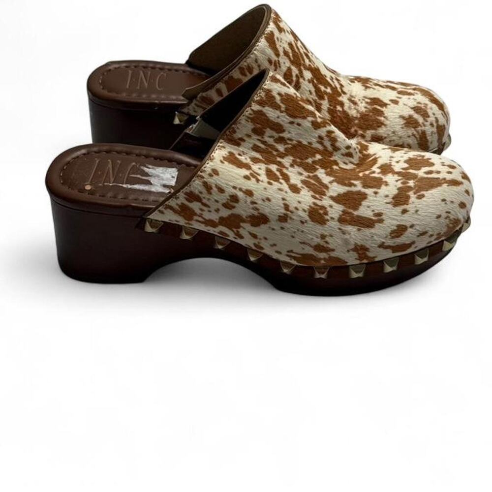 INC Vintage Cow Print Studded Clog Heel (real calf fur) size 6 1/2 brown + cream - Picture 3 of 8